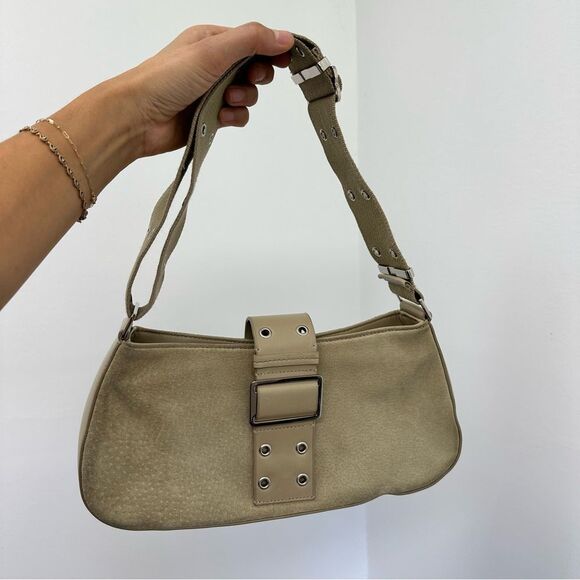 Vintage Y2K Express Beige Suede Canvas Strap East West Underarm Shoulder Bag - Picture 11 of 16